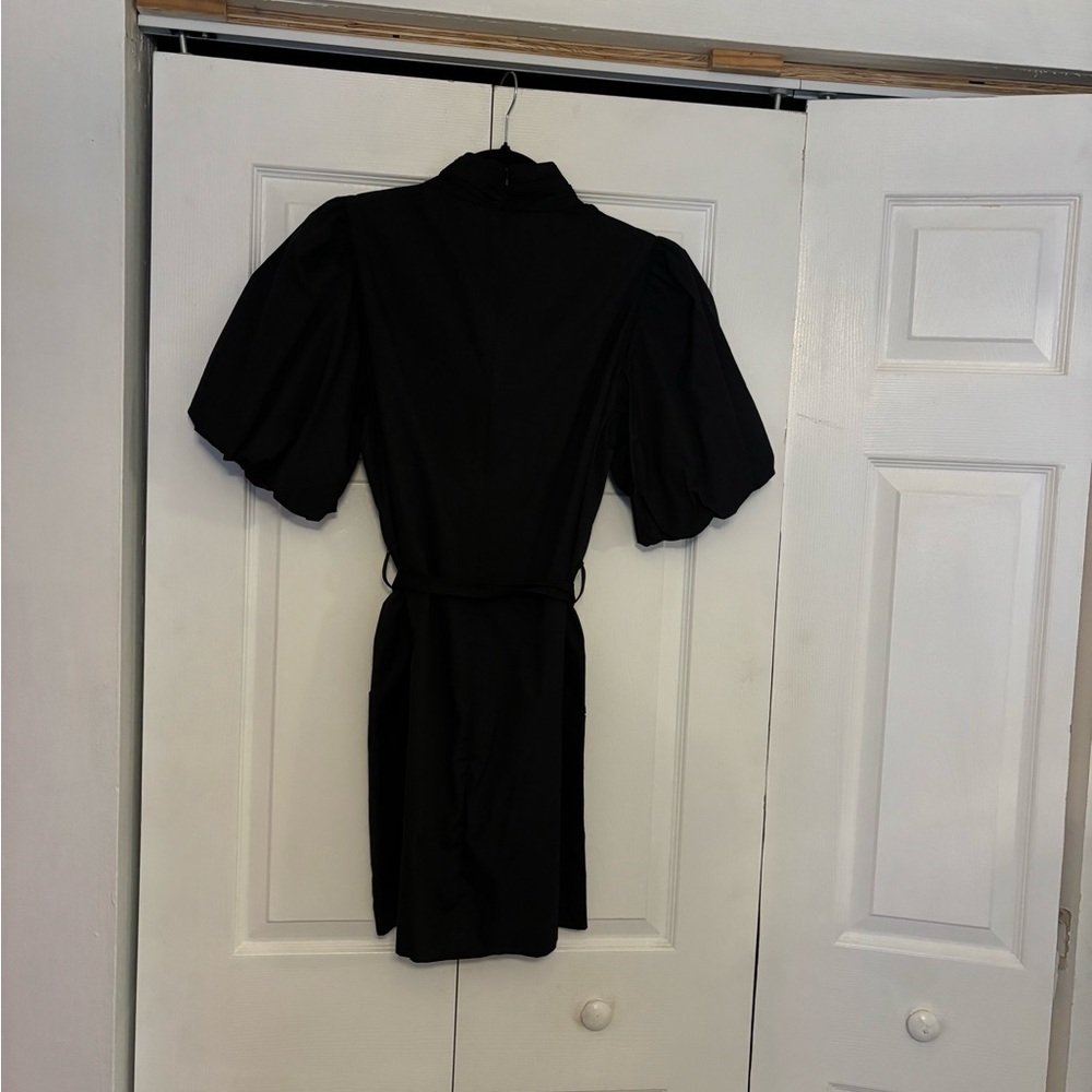 Frame Margot Mock Neck Balloon Sleeves Belted Black Mini Dress With Pockets NWOT - Picture 4 of 15